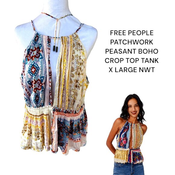 Free People Tops - FREE PEOPLE PATCHWORK BOHO TIE CROP TANK BLOUSE XLARGE NWT